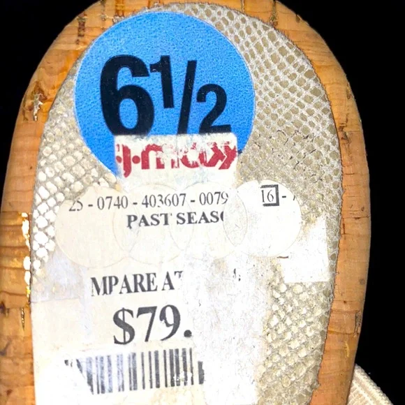 Donald J Pliner Flore Natural Patent Cork Wedge Metallic Strap Sandals Size 6.5